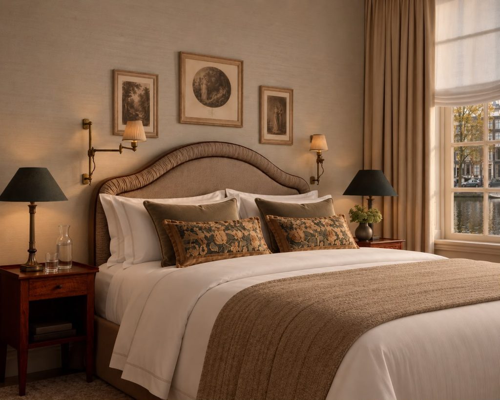 Zetter Amsterdam 717 a bedroom at dawn with lamps and a window