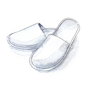 A watercolour illustration of a pair of white indoor slippers, with one slipper slightly overlapping the other, both facing to the right—a cosy detail reminiscent of Zetter Amsterdam 717 - Bedrooms.