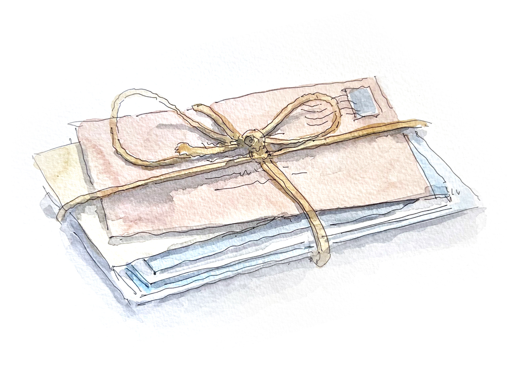 A watercolour illustration of a stack of envelopes tied together with a thin string, with one pink envelope on top. The edges of the envelopes appear slightly worn.